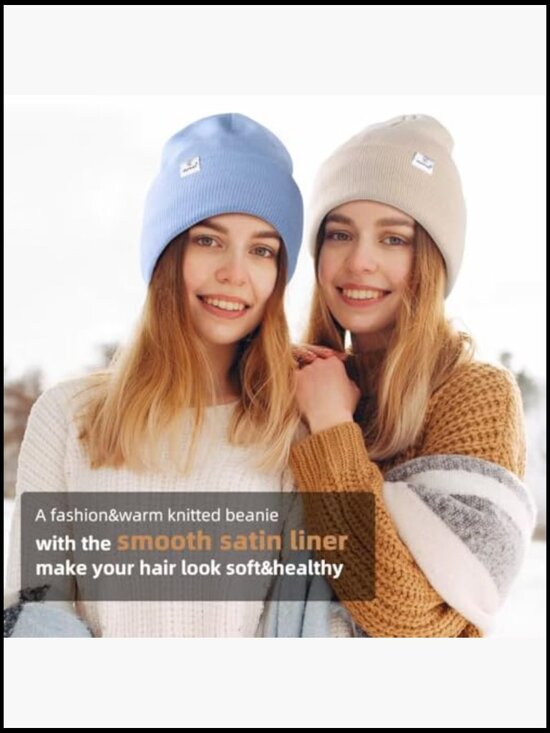 Satin Lined Winter Beanie Hats - 3 Pack Knit Cuffed Soft Warm Skullies